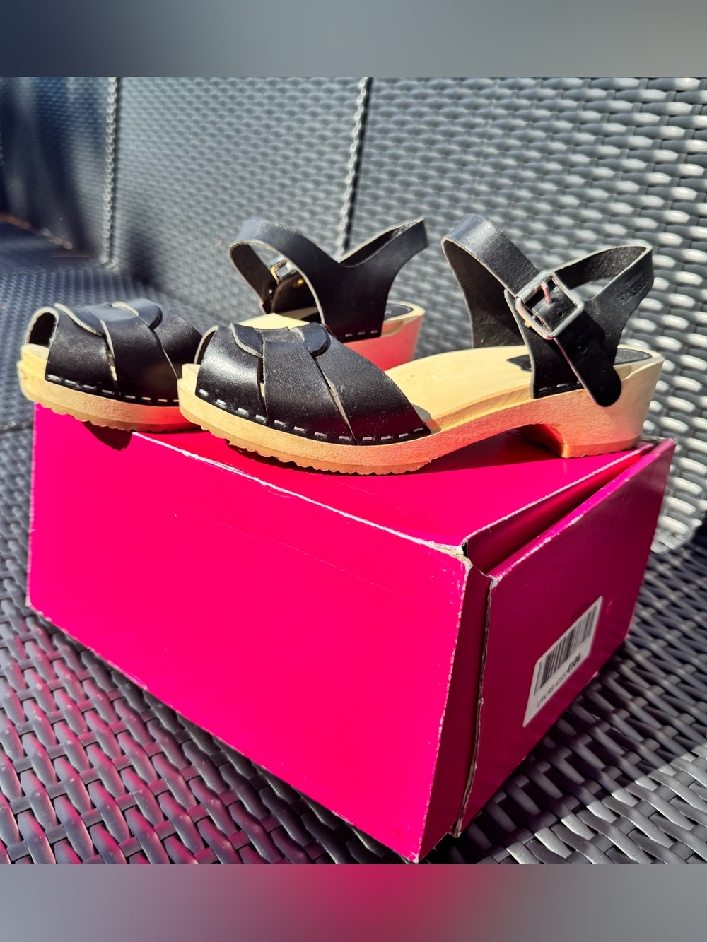 Swedish Hasbeens Peep Tow Low Black  Wooden Sandal with Ankle Strap - 38